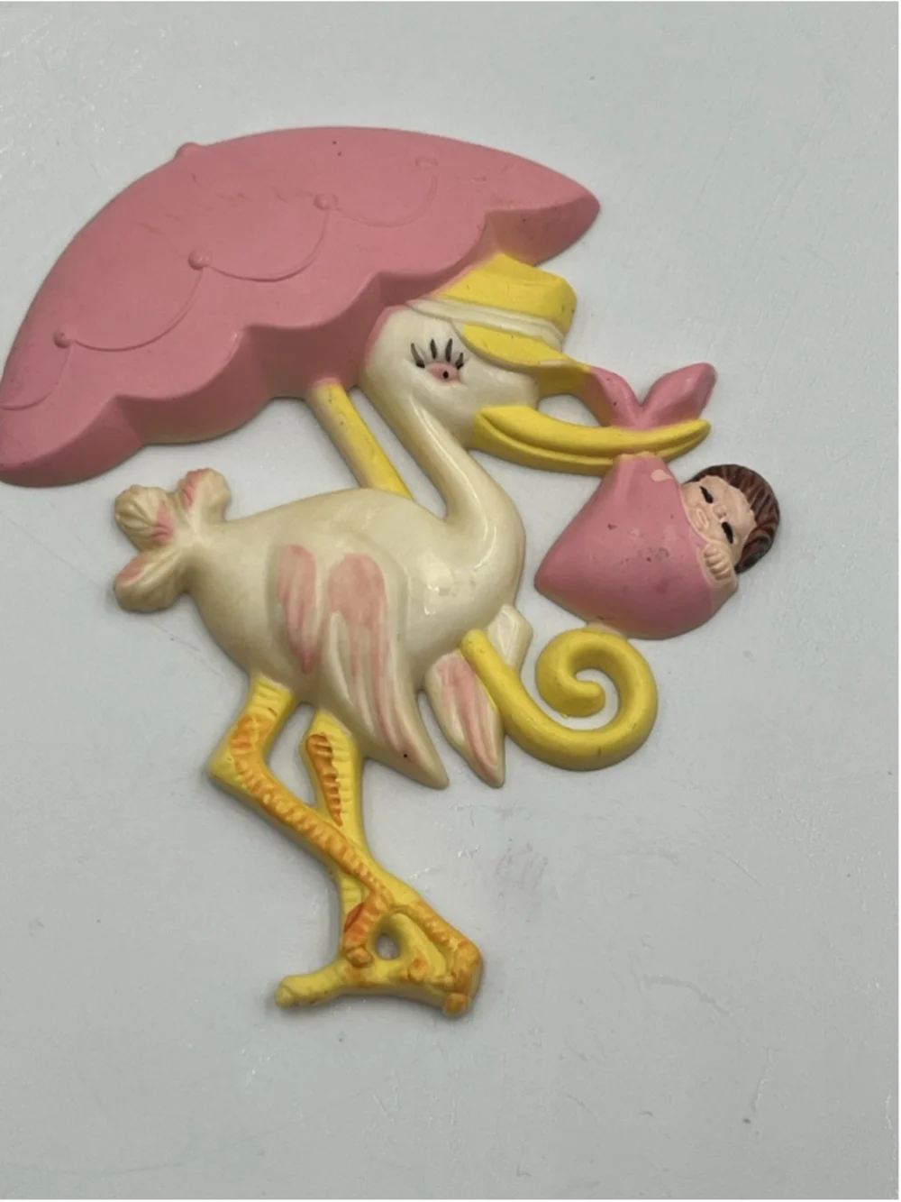 Plastic Pink Stork Umbrella & baby shower favor floral cupcake pic COLLECTIBLE